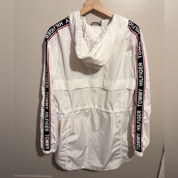 Tommy Hilfiger Long Windbreaker Logo Jacket Women's Size Large White, Red & Blue - Picture 14 of 16